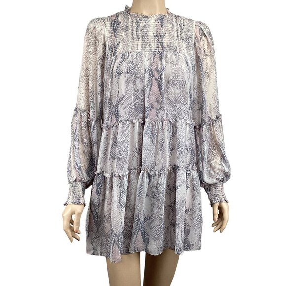 Olivaceous Snakeprint Tiered Smocked Mini Dress‎ Size Small Long Sleeve - Picture 1 of 8